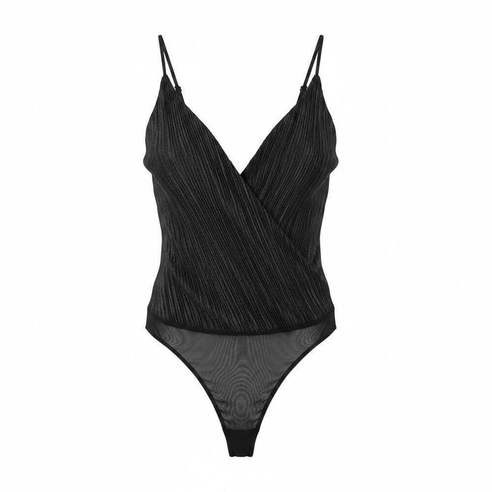 ASTR The Label One Piece Bodysuit Women Pleated Metallic Shimmer V-Neck Sz M NWT